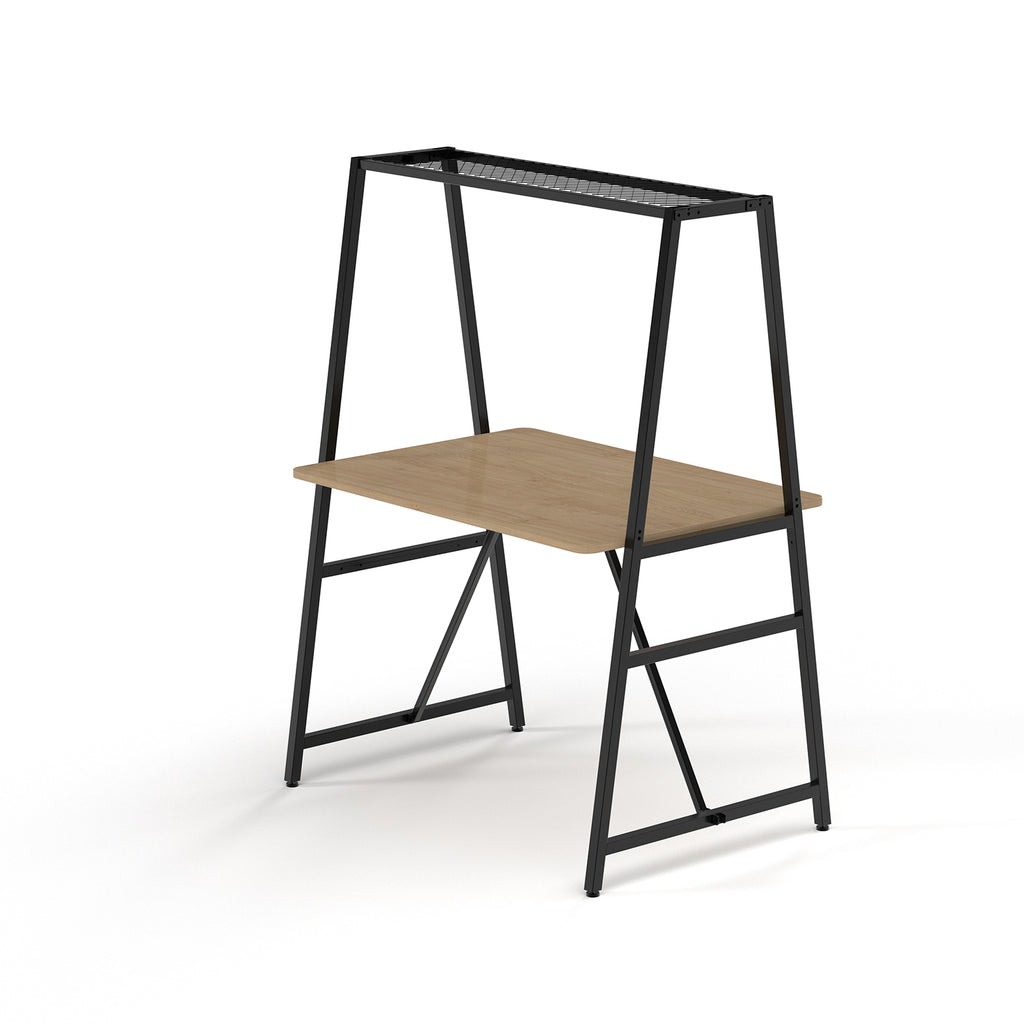 Worktable with black metal frame and wood-effect top on a white background