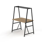 Worktable with black metal frame and wood-effect top on a white background