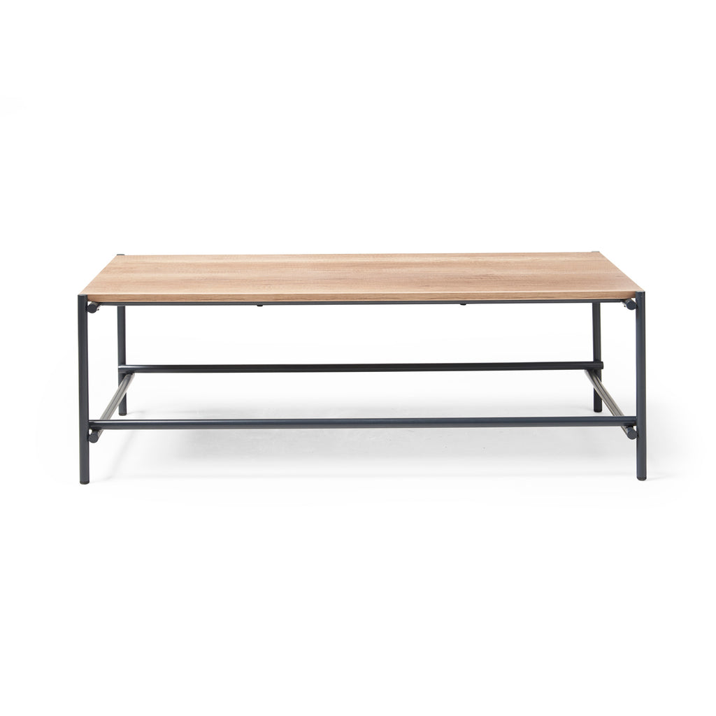 Wooden table with metal frame on a white background