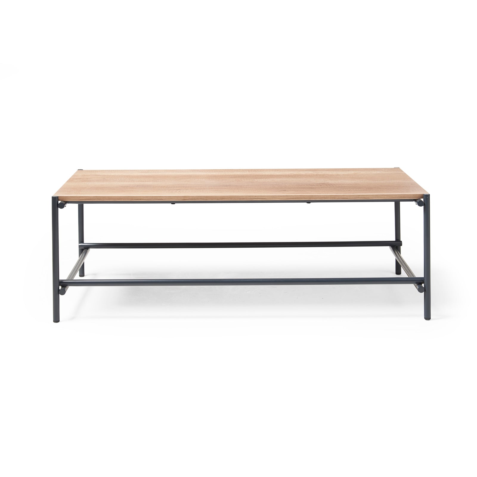Wooden table with metal frame on a white background
