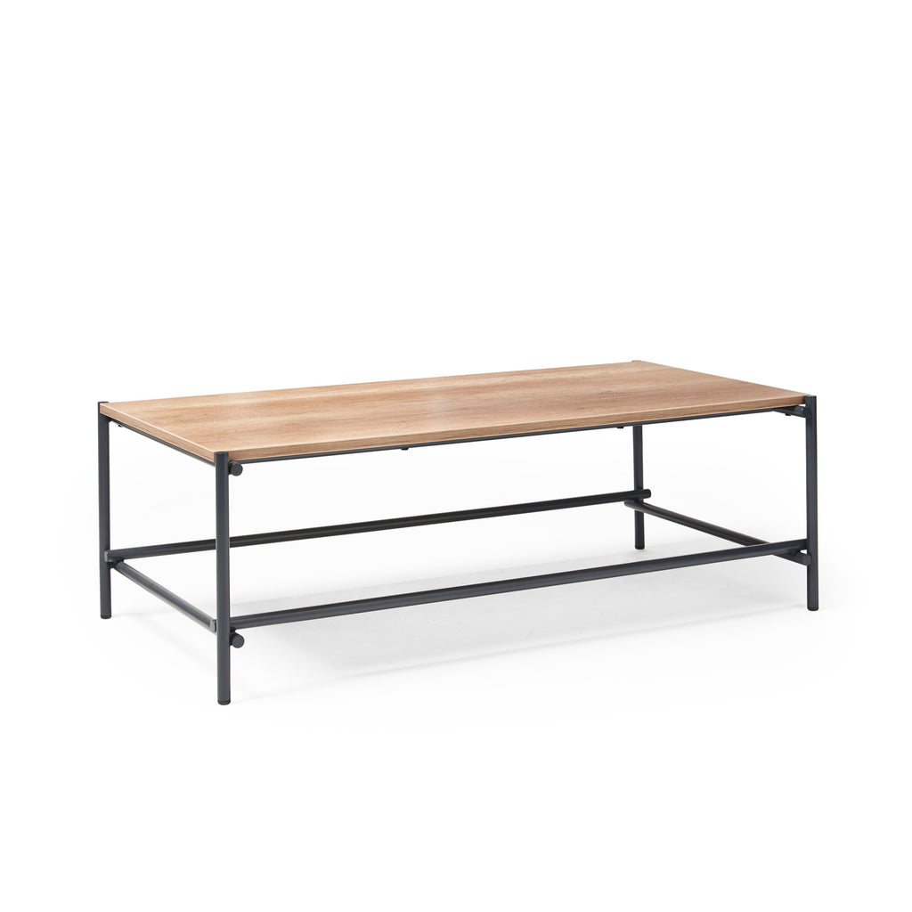 Wooden table with metal frame on a white background