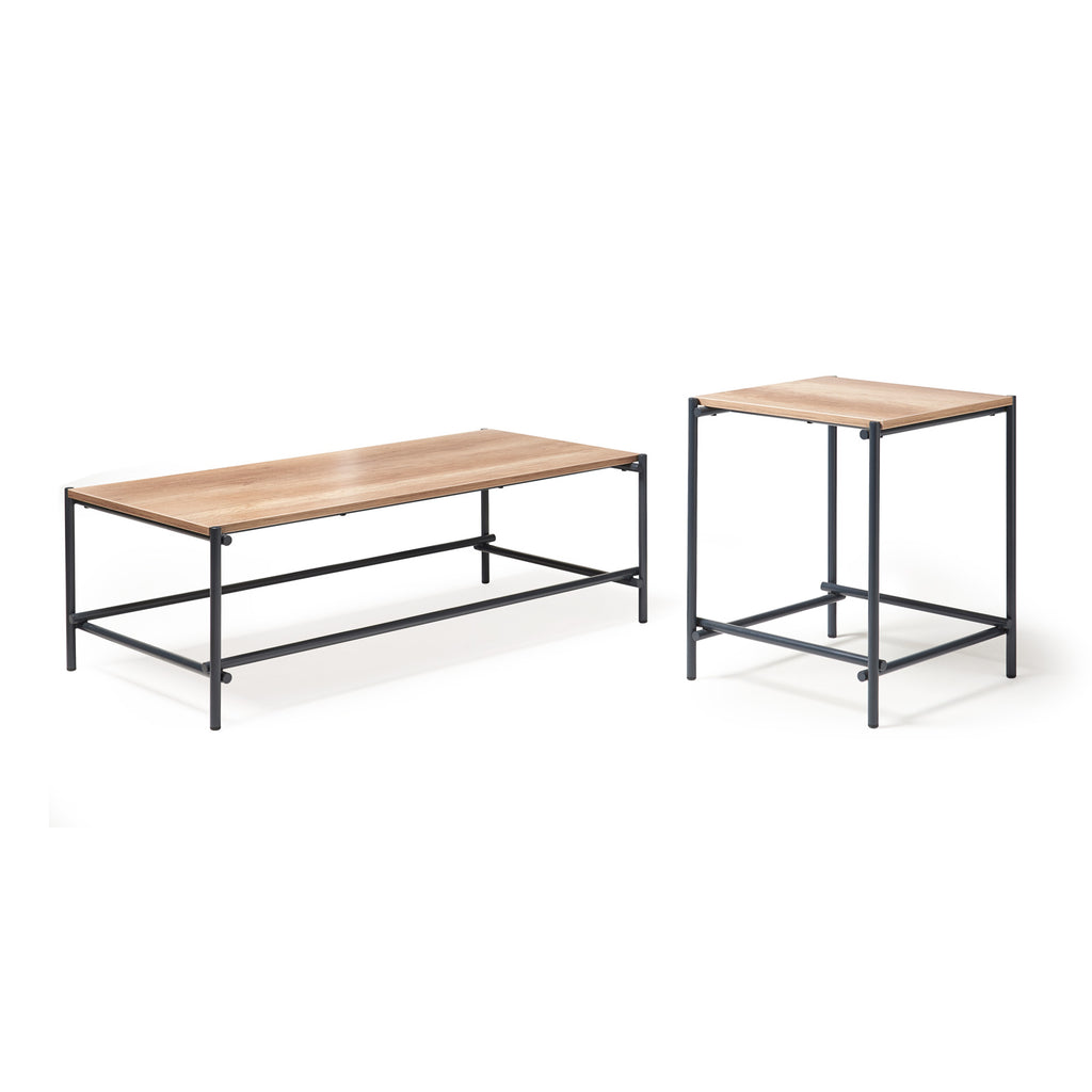 Set of two office tables with wood-effect tops and black metal frames, including a low rectangular coffee table and a taller square side table, shown on a white background.