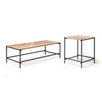 Set of two office tables with wood-effect tops and black metal frames, including a low rectangular coffee table and a taller square side table, shown on a white background.