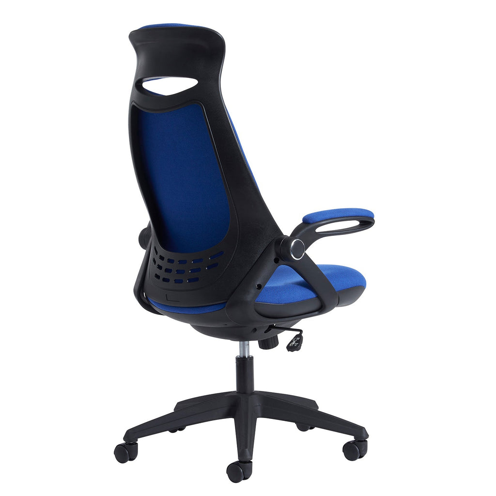 Blue ergonomic office chair with a fabric backrest and seat, adjustable armrests, and a five-star wheeled base, shown on a white background.