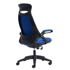 Blue ergonomic office chair with a fabric backrest and seat, adjustable armrests, and a five-star wheeled base, shown on a white background.