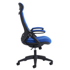 Blue ergonomic office chair with a fabric backrest and seat, adjustable armrests, and a five-star wheeled base, shown on a white background.