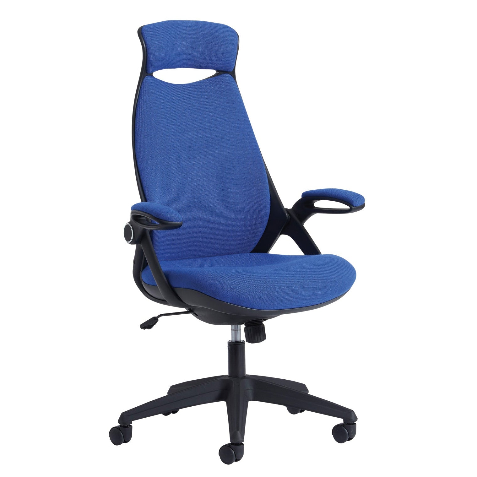 Blue ergonomic office chair with a fabric backrest and seat, adjustable armrests, and a five-star wheeled base, shown on a white background.