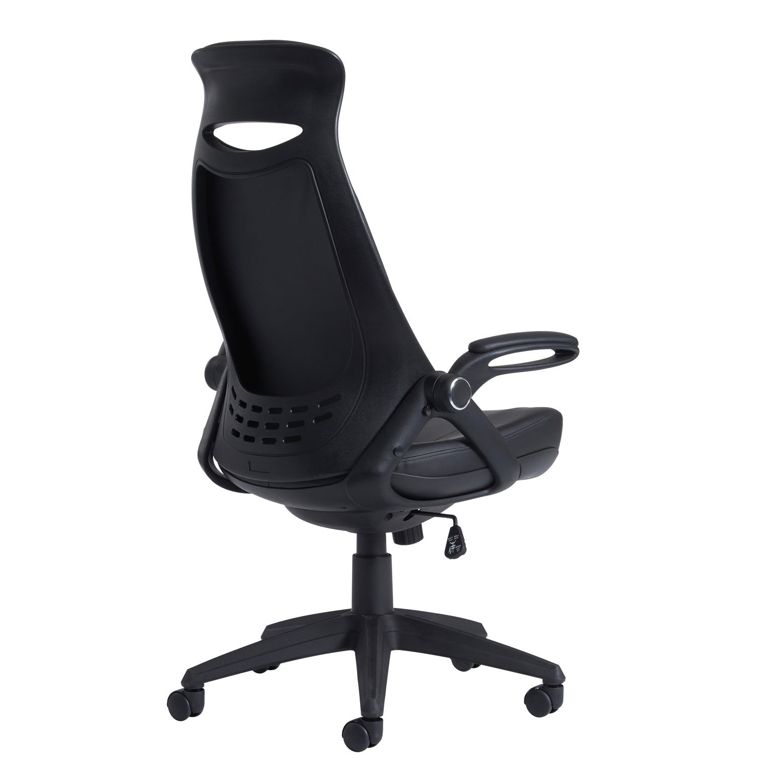 Black ergonomic office chair with a padded leather-look seat and backrest, adjustable armrests, and a five-star wheeled base, shown on a white background.