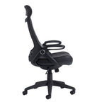 Black ergonomic office chair with a padded leather-look seat and backrest, adjustable armrests, and a five-star wheeled base, shown on a white background.