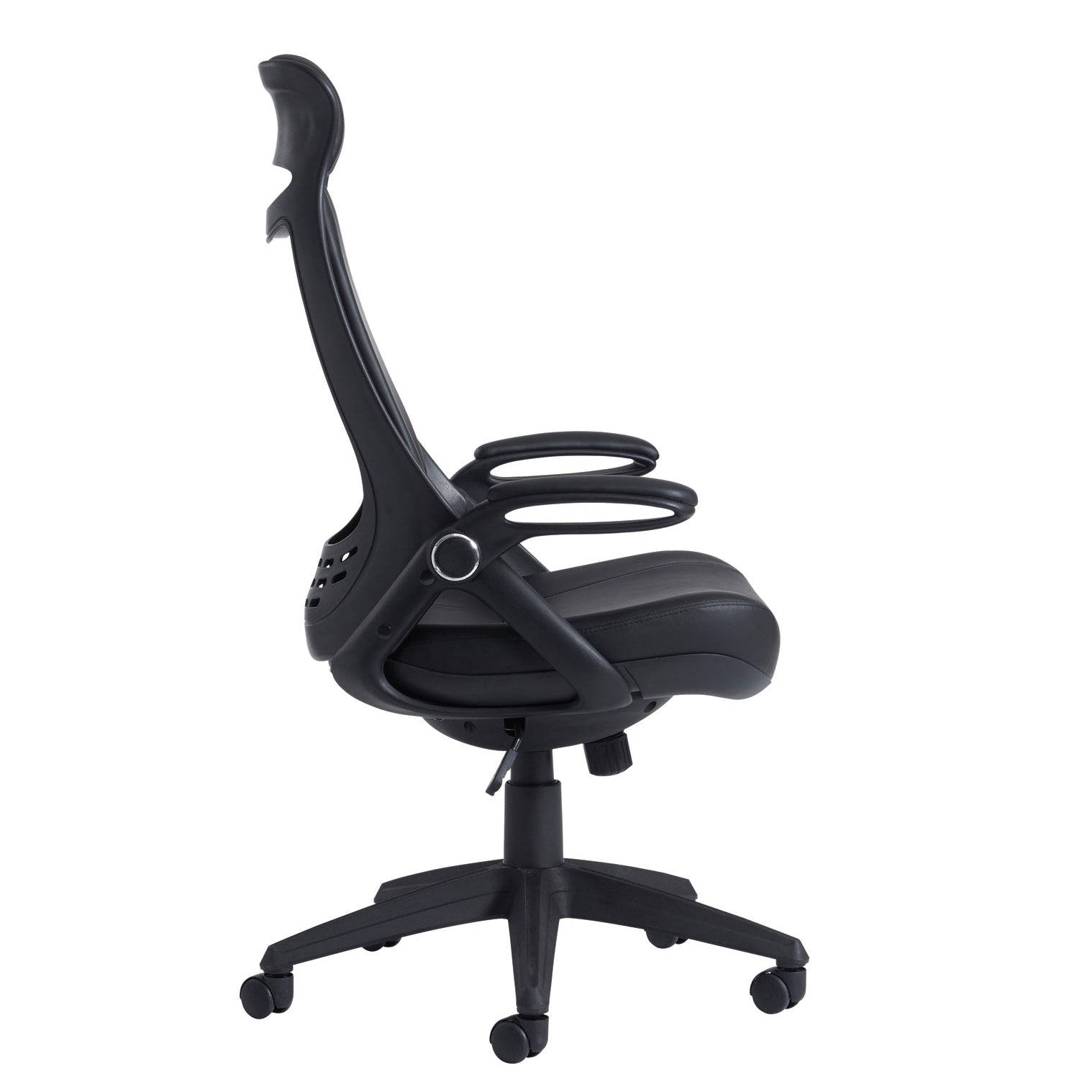 Black ergonomic office chair with a padded leather-look seat and backrest, adjustable armrests, and a five-star wheeled base, shown on a white background.