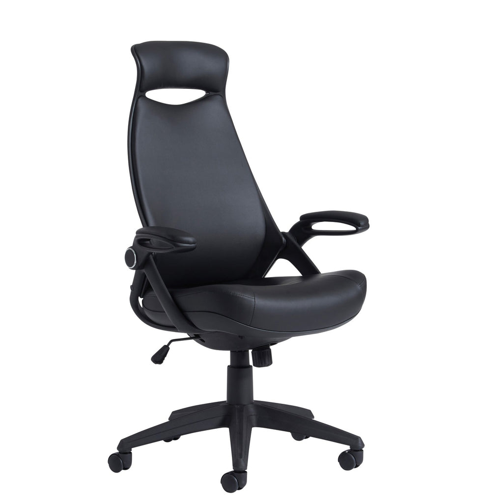 Black ergonomic office chair with a padded leather-look seat and backrest, adjustable armrests, and a five-star wheeled base, shown on a white background.