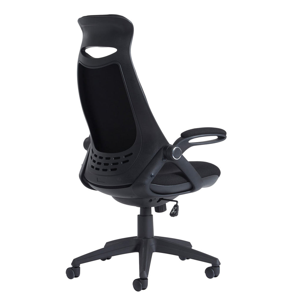 Black ergonomic office chair with a fabric backrest, padded seat, adjustable armrests, and a five-star wheeled base, shown on a white background.