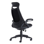 Black ergonomic office chair with a fabric backrest, padded seat, adjustable armrests, and a five-star wheeled base, shown on a white background.