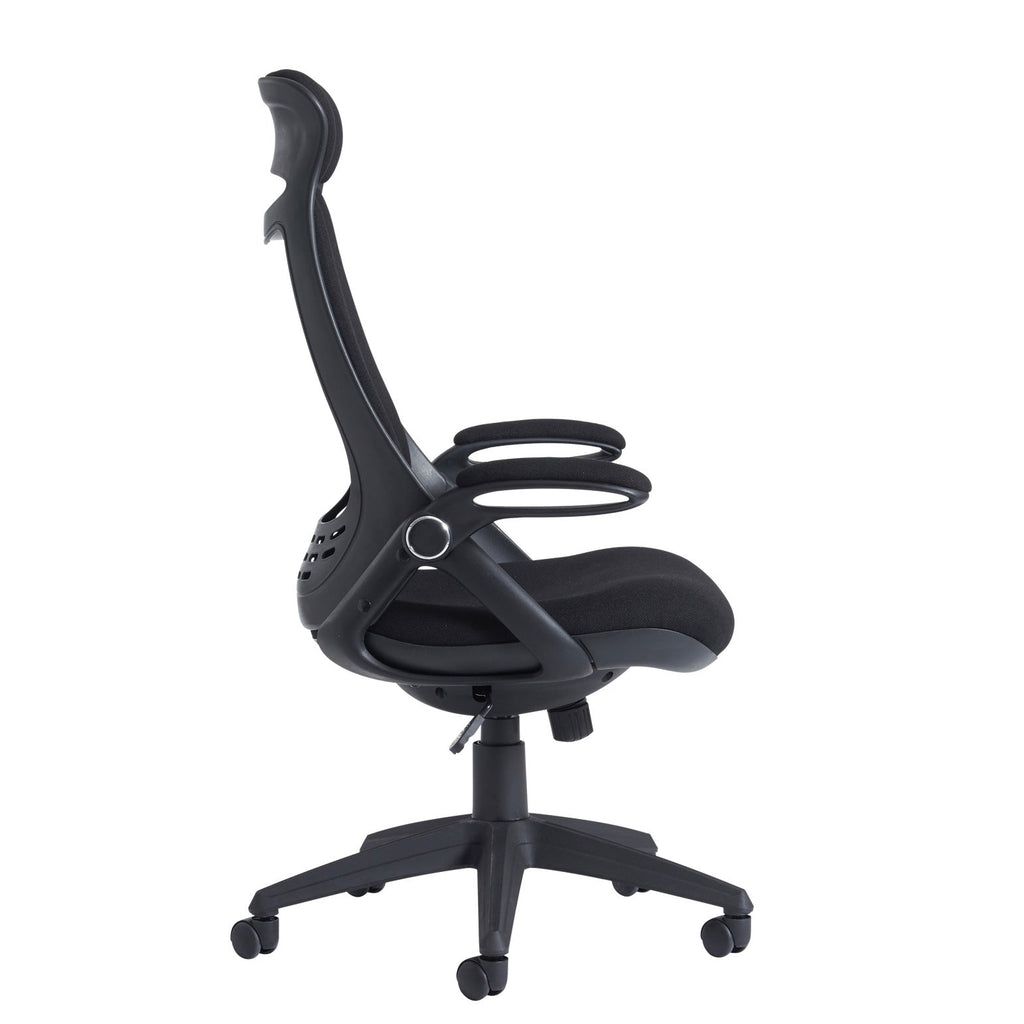 Black ergonomic office chair with a fabric backrest, padded seat, adjustable armrests, and a five-star wheeled base, shown on a white background.
