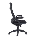 Black ergonomic office chair with a fabric backrest, padded seat, adjustable armrests, and a five-star wheeled base, shown on a white background.