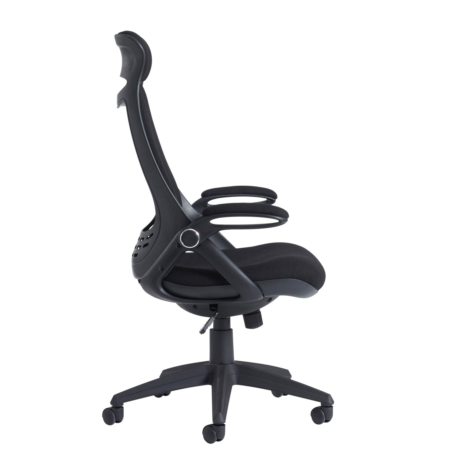 Black ergonomic office chair with a fabric backrest, padded seat, adjustable armrests, and a five-star wheeled base, shown on a white background.