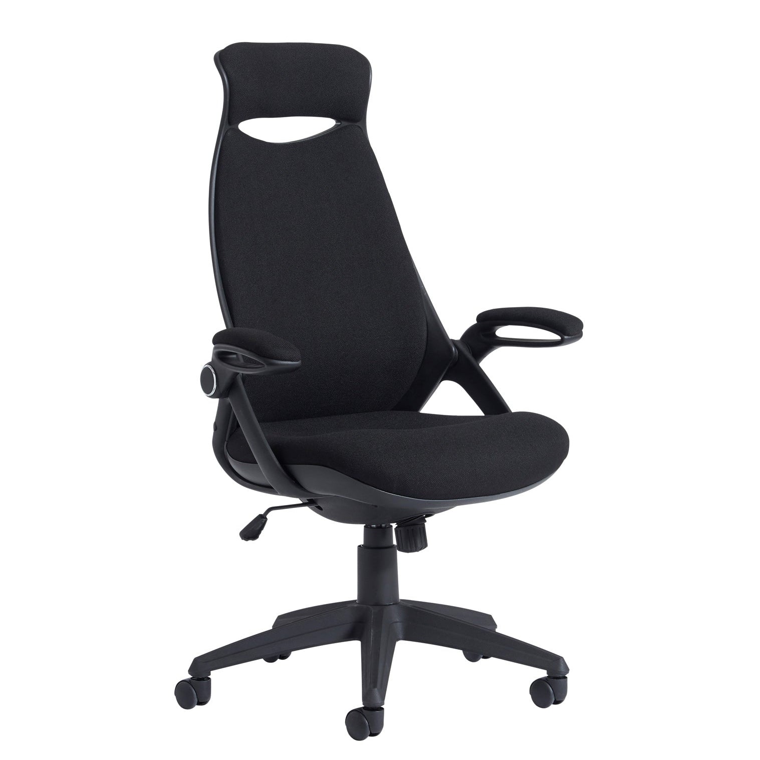 Black ergonomic office chair with a fabric backrest, padded seat, adjustable armrests, and a five-star wheeled base, shown on a white background.
