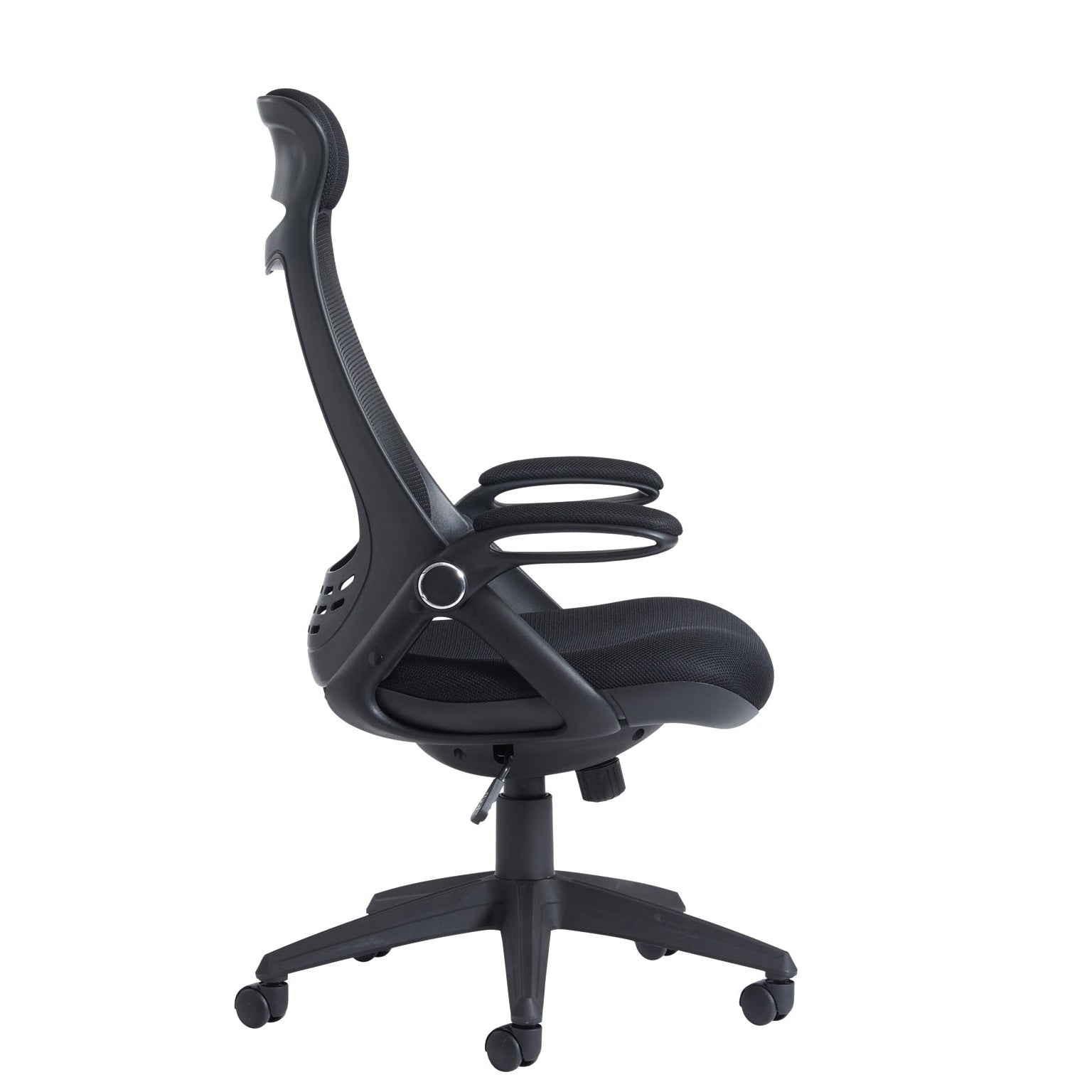 Black mesh ergonomic office chair with a breathable backrest, padded seat, adjustable armrests, and a five-star wheeled base, shown on a white background.