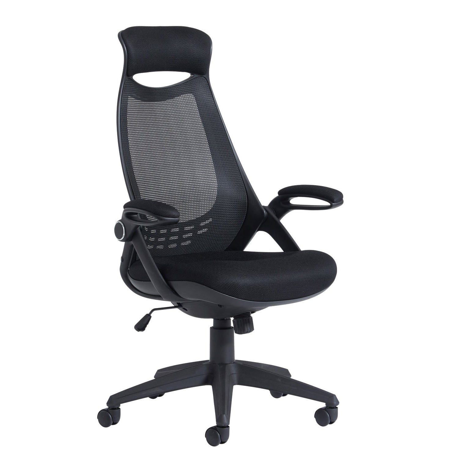 Black mesh ergonomic office chair with a breathable backrest, padded seat, adjustable armrests, and a five-star wheeled base, shown on a white background.