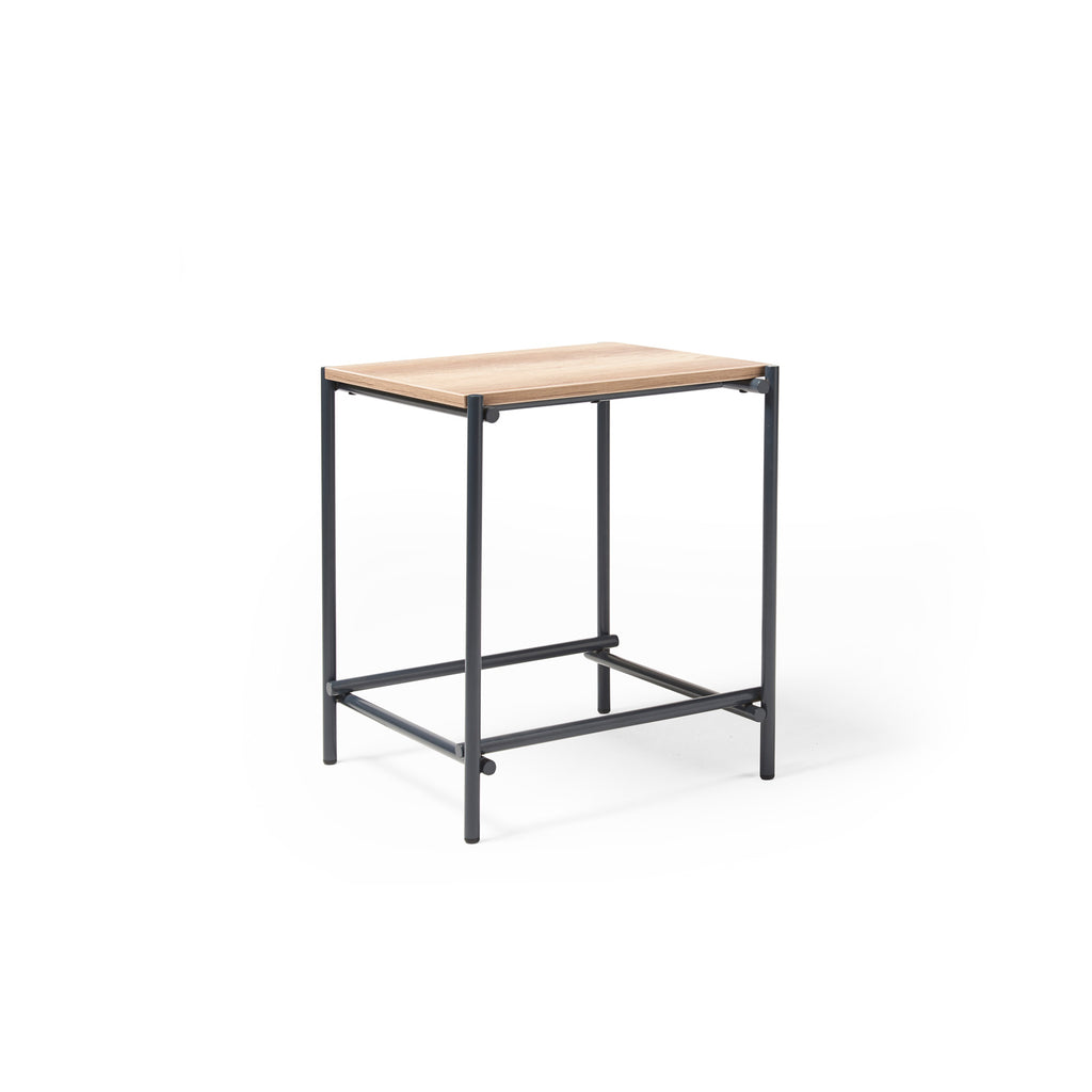 Square side table with a wood-effect top and black metal frame, suitable for office lounge or breakout areas, shown on a white background.