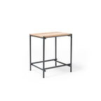 Square side table with a wood-effect top and black metal frame, suitable for office lounge or breakout areas, shown on a white background.