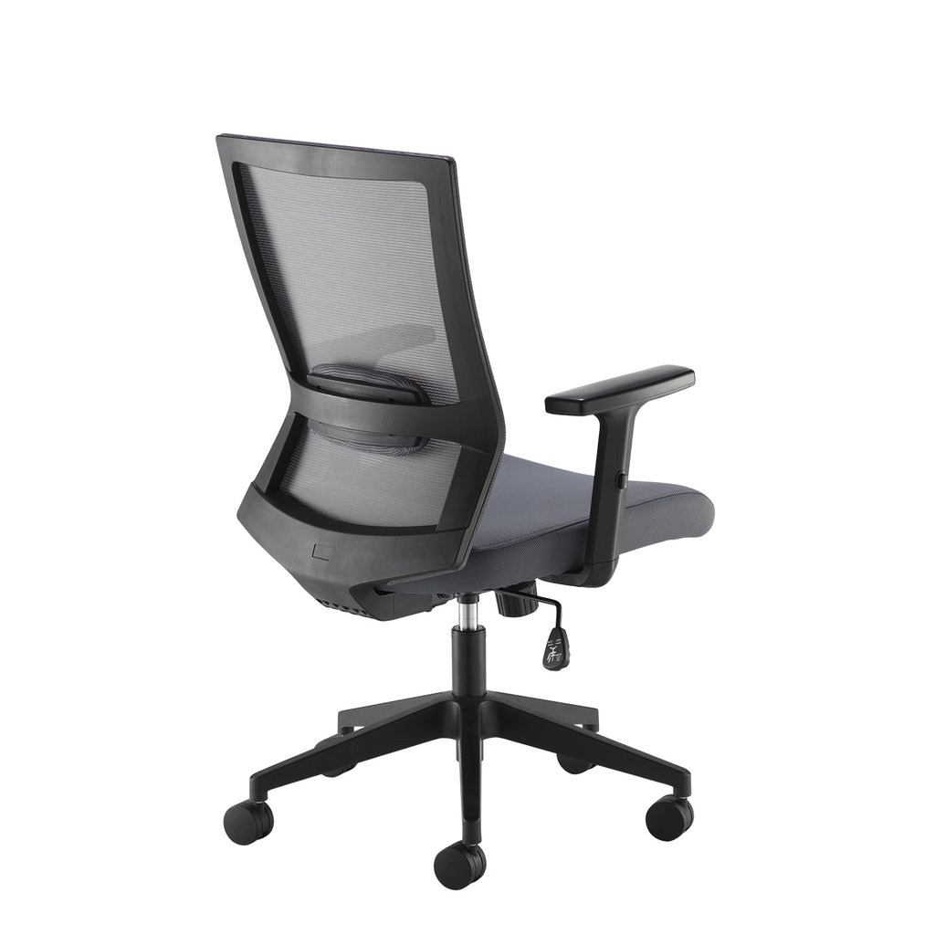 Grey mesh office chair with a breathable backrest, padded fabric seat, adjustable armrests, and a five-star wheeled base, shown on a white background.