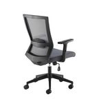 Grey mesh office chair with a breathable backrest, padded fabric seat, adjustable armrests, and a five-star wheeled base, shown on a white background.