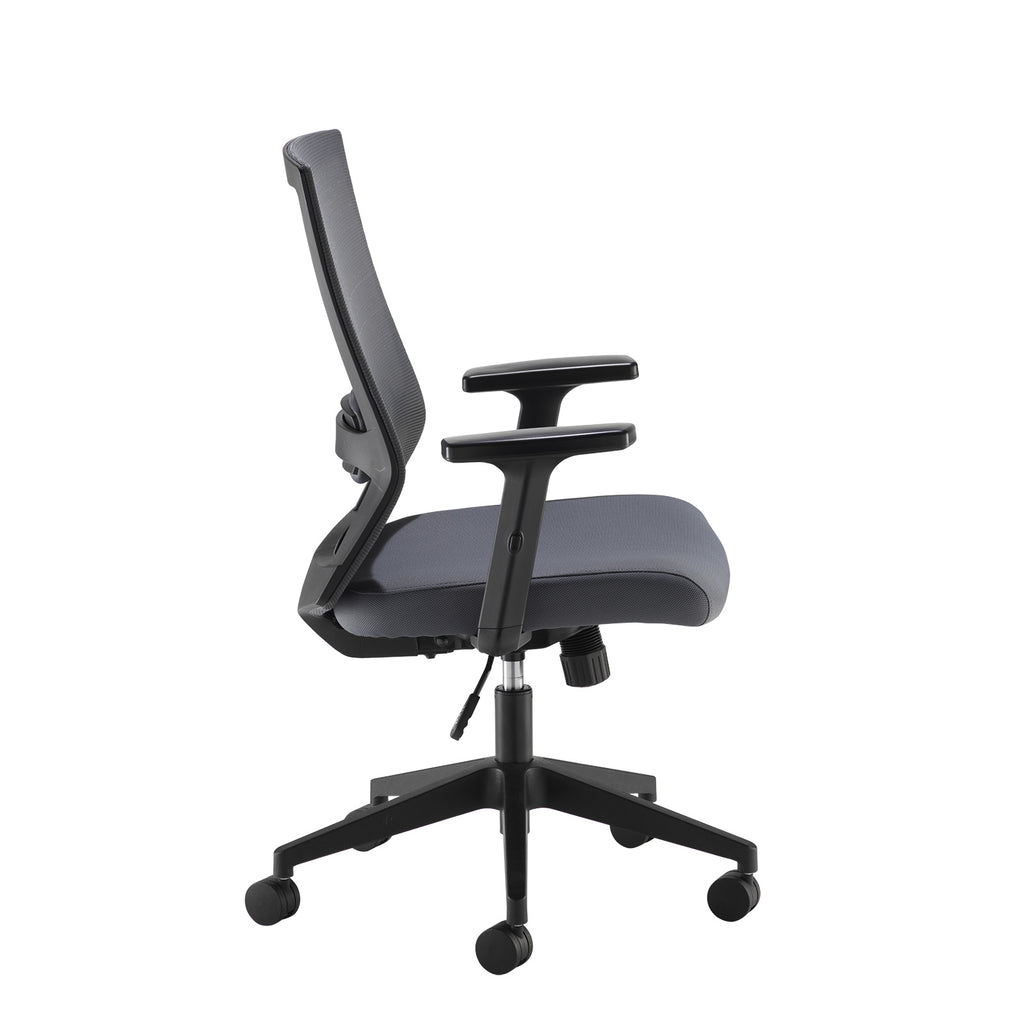 Grey mesh office chair with a breathable backrest, padded fabric seat, adjustable armrests, and a five-star wheeled base, shown on a white background.