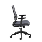 Grey mesh office chair with a breathable backrest, padded fabric seat, adjustable armrests, and a five-star wheeled base, shown on a white background.