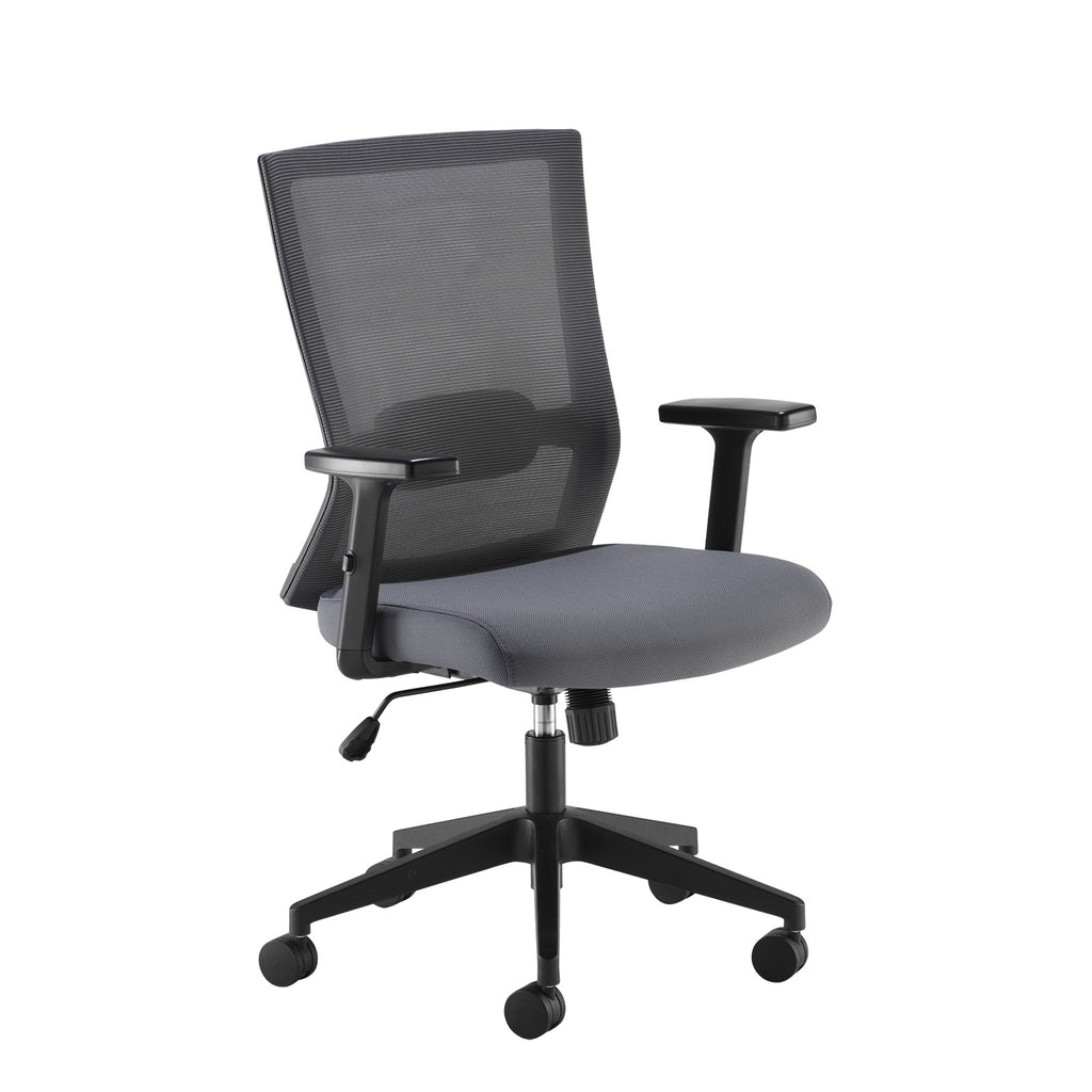 Grey mesh office chair with a breathable backrest, padded fabric seat, adjustable armrests, and a five-star wheeled base, shown on a white background.