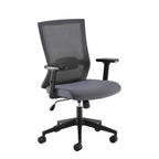 Grey mesh office chair with a breathable backrest, padded fabric seat, adjustable armrests, and a five-star wheeled base, shown on a white background.