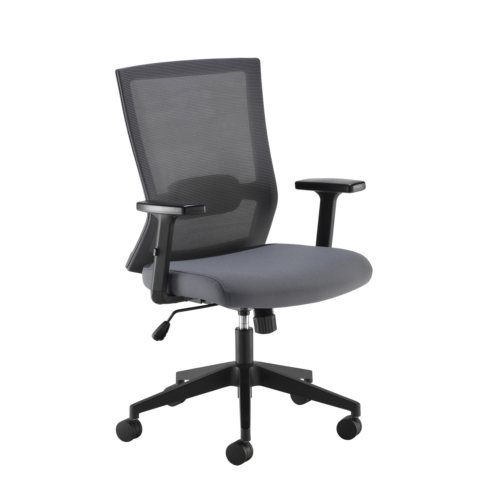 Grey mesh office chair with a breathable backrest, padded fabric seat, adjustable armrests, and a five-star wheeled base, shown on a white background.