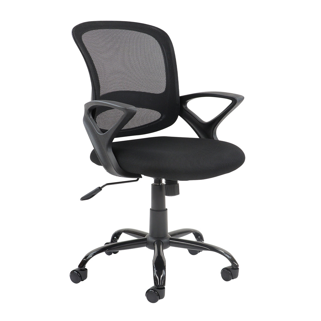 Black office chair with mesh back on a white background