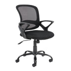 Black office chair with mesh back on a white background