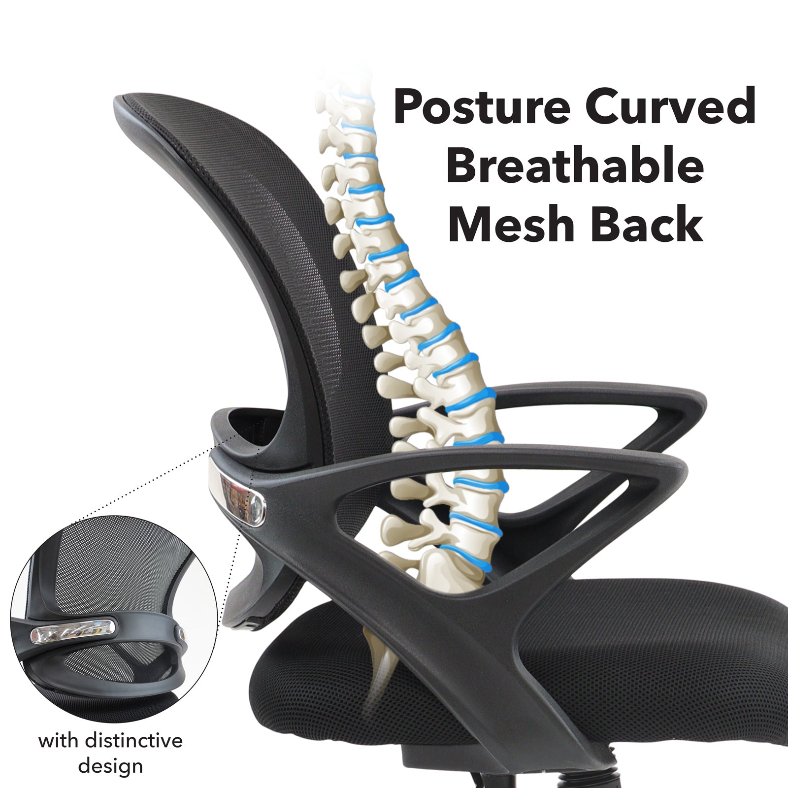 Black office chair with breathable mesh back and spinal illustration on a white background