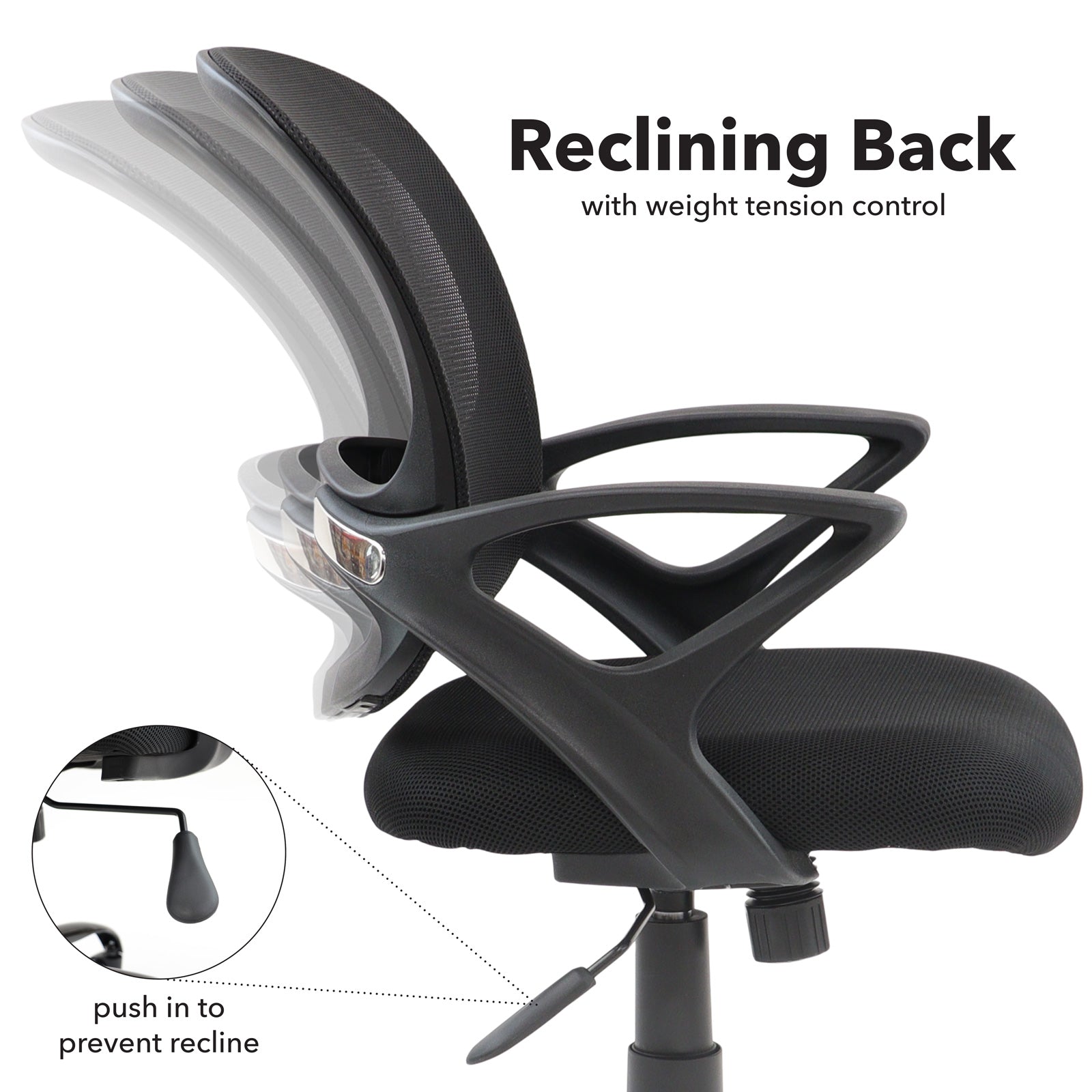 Black office chair with reclining back feature on a white background