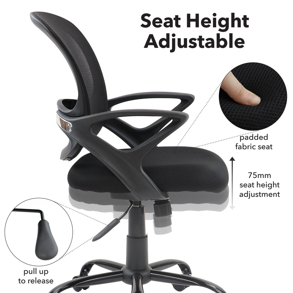 Black office chair with adjustable seat height feature on a white background