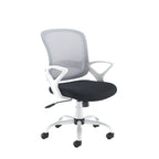 Office chair with black seat and grey mesh back on a white background