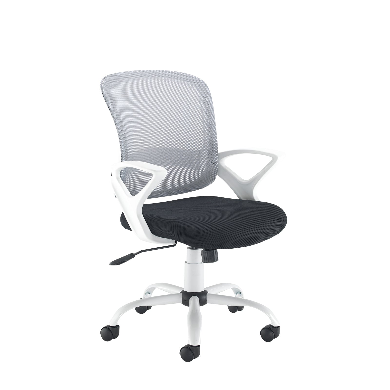 Office chair with black seat and grey mesh back on a white background