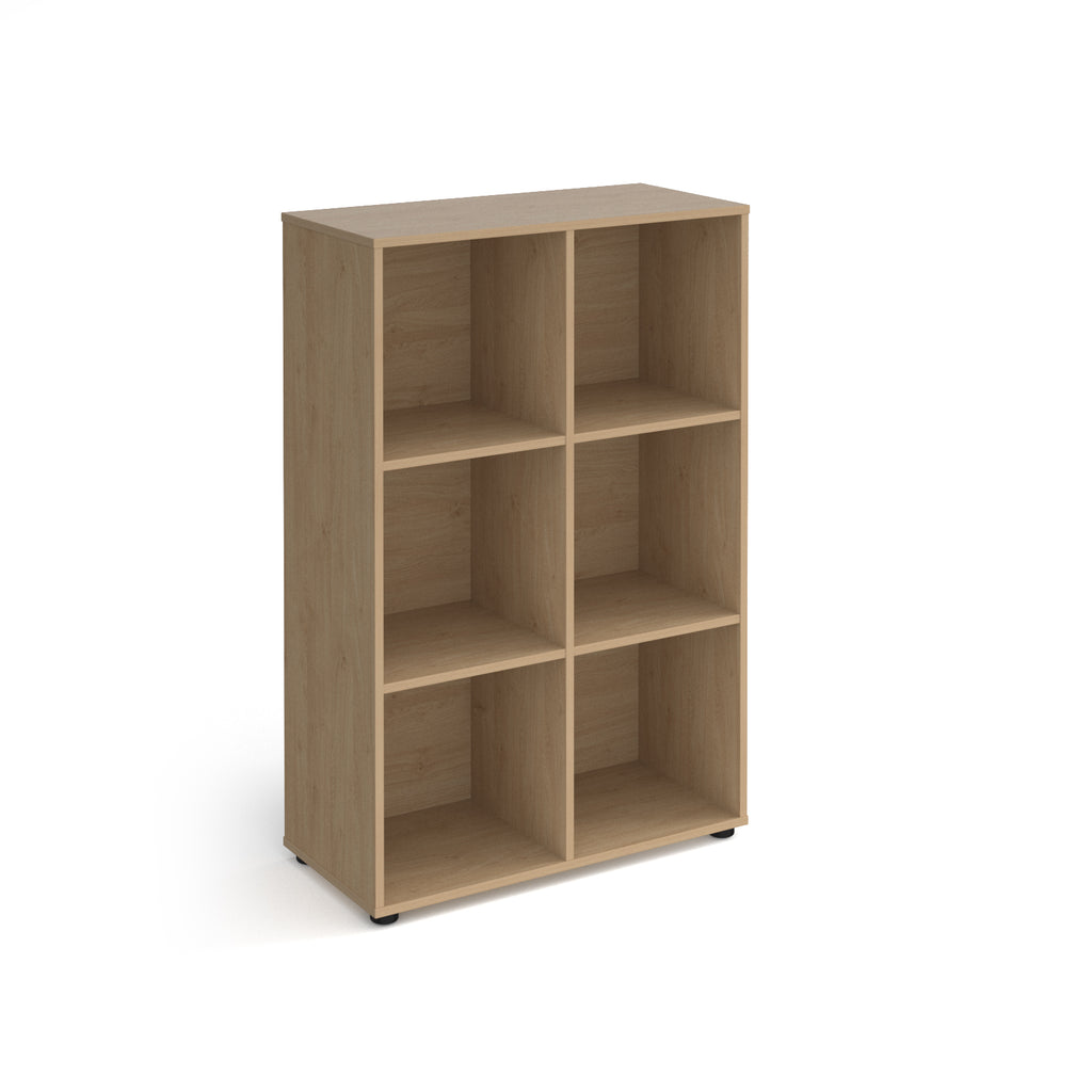 Wooden office storage unit with six open cubby compartments, rectangular design, and small adjustable feet, shown on a white background.