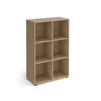 Wooden office storage unit with six open cubby compartments, rectangular design, and small adjustable feet, shown on a white background.