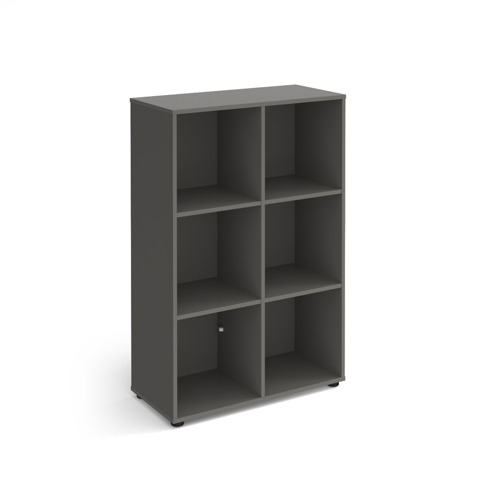 Grey office storage unit with six open cubby compartments, rectangular design, and small adjustable feet, shown on a white background.