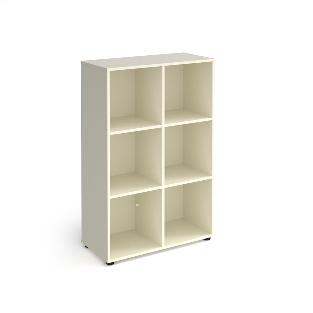 White office storage unit with six open cubby compartments, rectangular design, and small adjustable feet, shown on a white background.