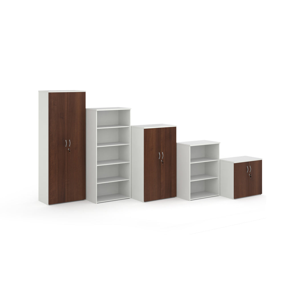 Set of office cabinets with wood-effect and white finishes on a white background