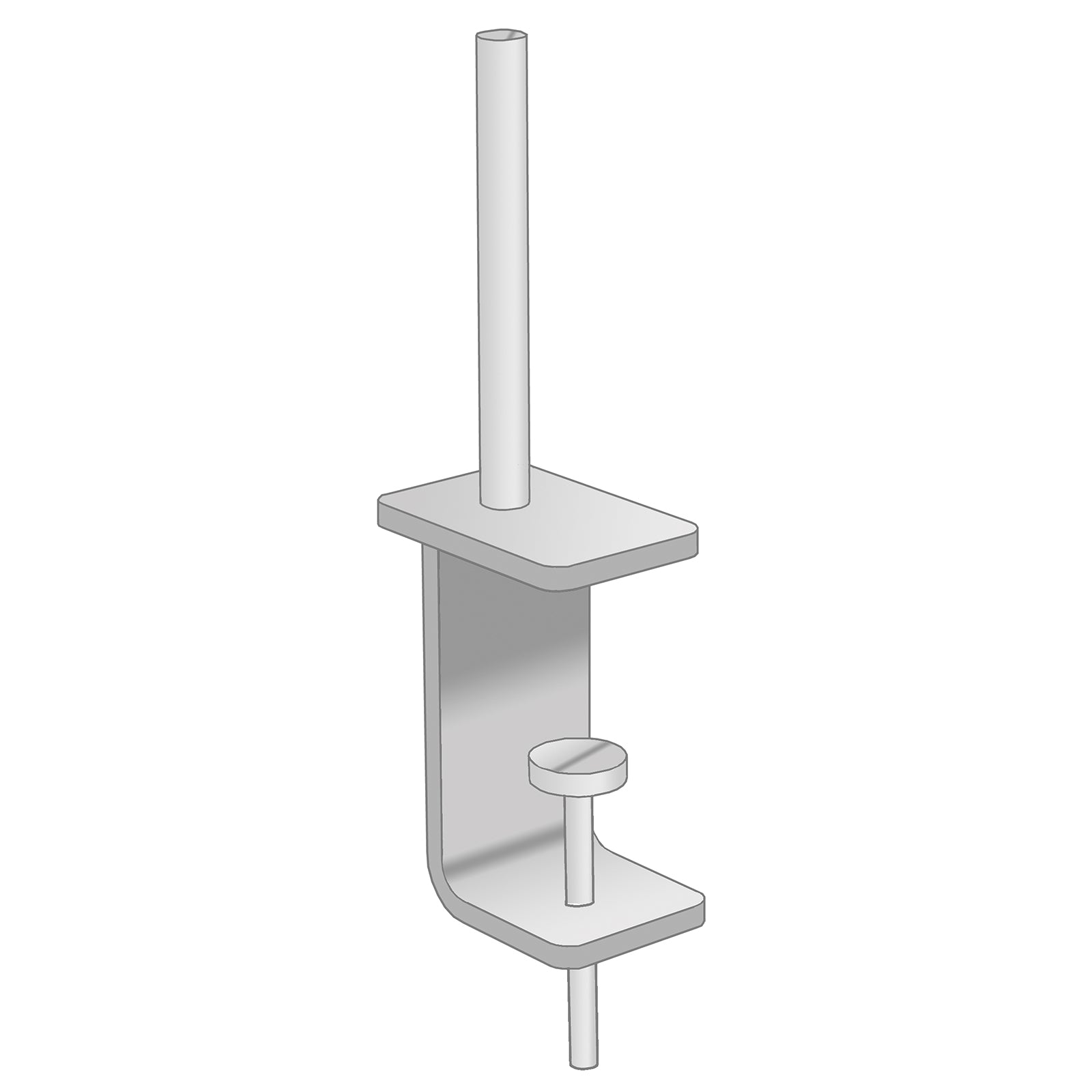 Metal desk clamp with vertical pole mount, designed to attach securely to a desk edge for supporting monitor arms or desk accessories.