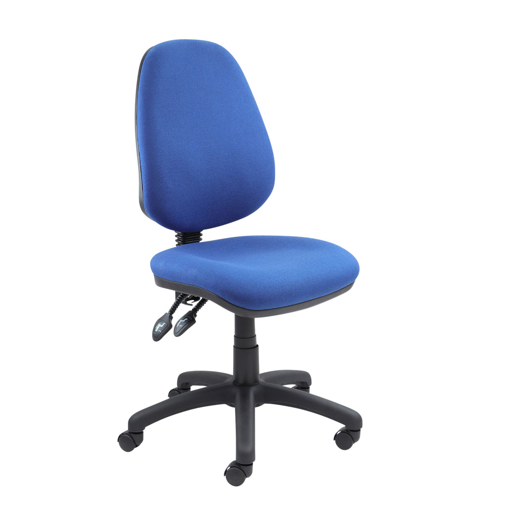 Blue office chair with black base on a white background