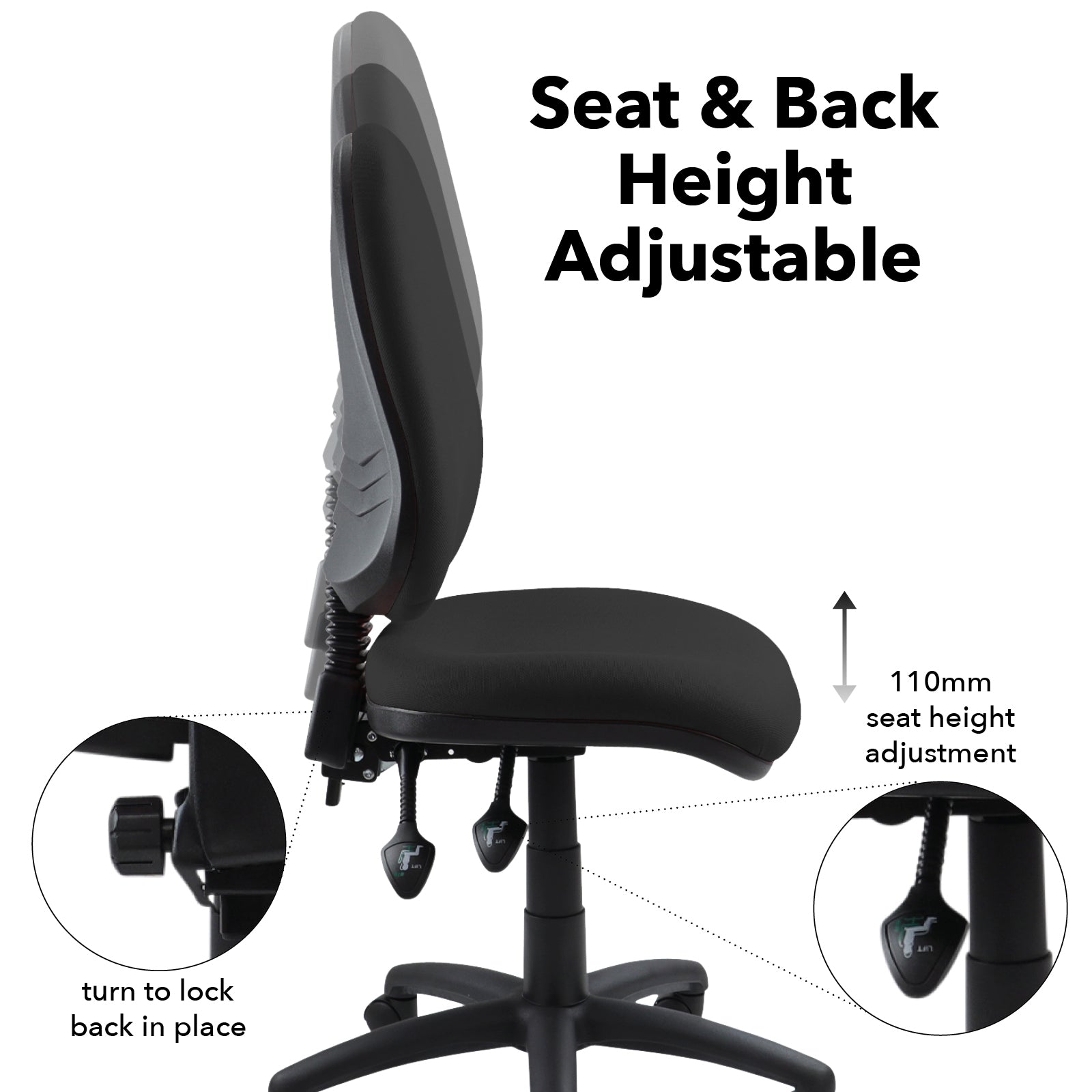 Black office chair with adjustable seat and back height features on a white background