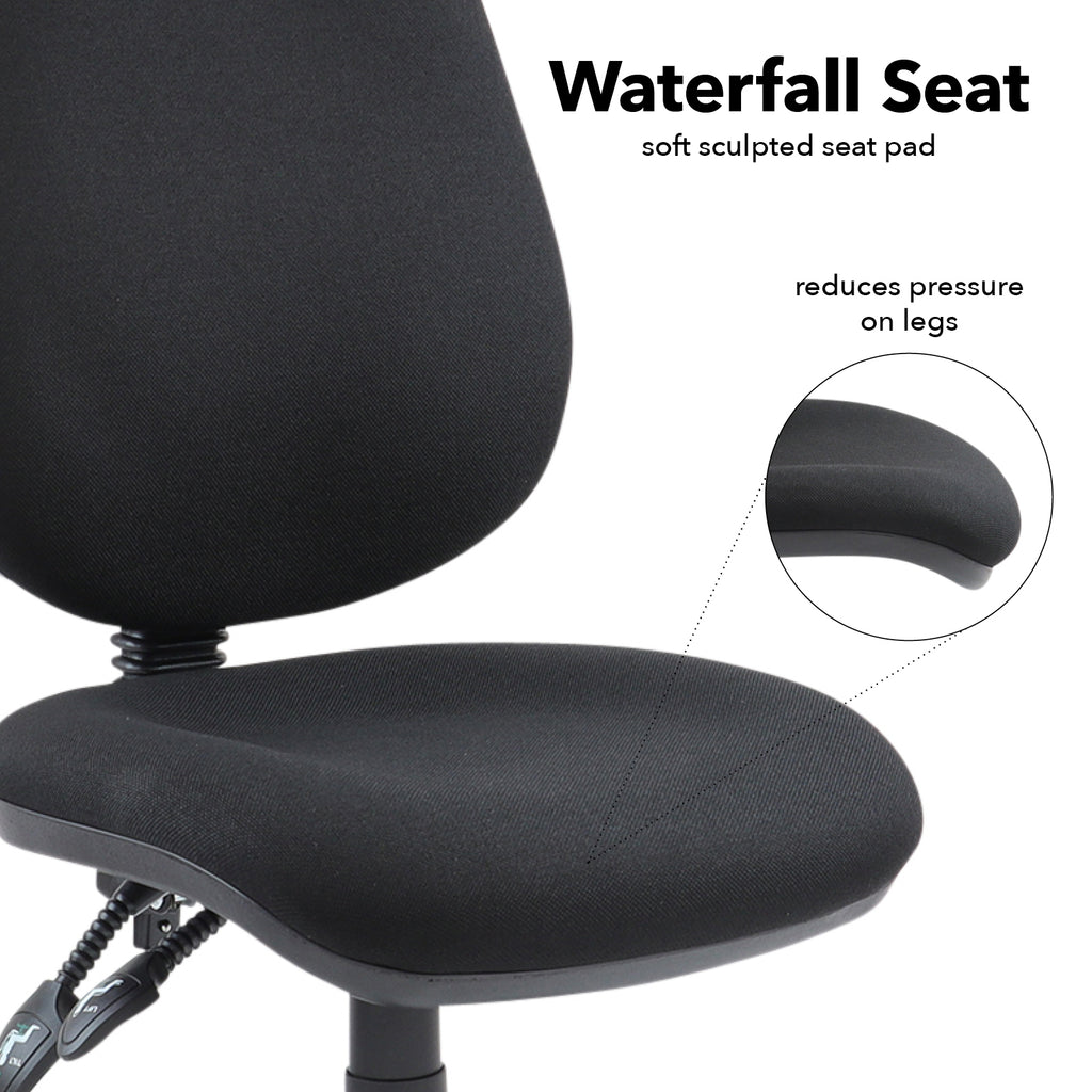 Black office chair with a soft sculpted seat pad labelled 'Waterfall Seat' and 'soft sculpted seat pad' , 'reduces pressure on legs'.