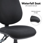 Black office chair with a soft sculpted seat pad labelled 'Waterfall Seat' and 'soft sculpted seat pad' , 'reduces pressure on legs'.