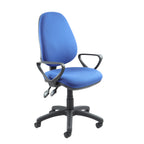 Blue office chair with black armrests and base on a white background